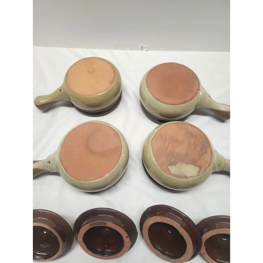 Vintage French Onion Soup Stoneware Crocks with Lids Brown Two Tone Set of 4